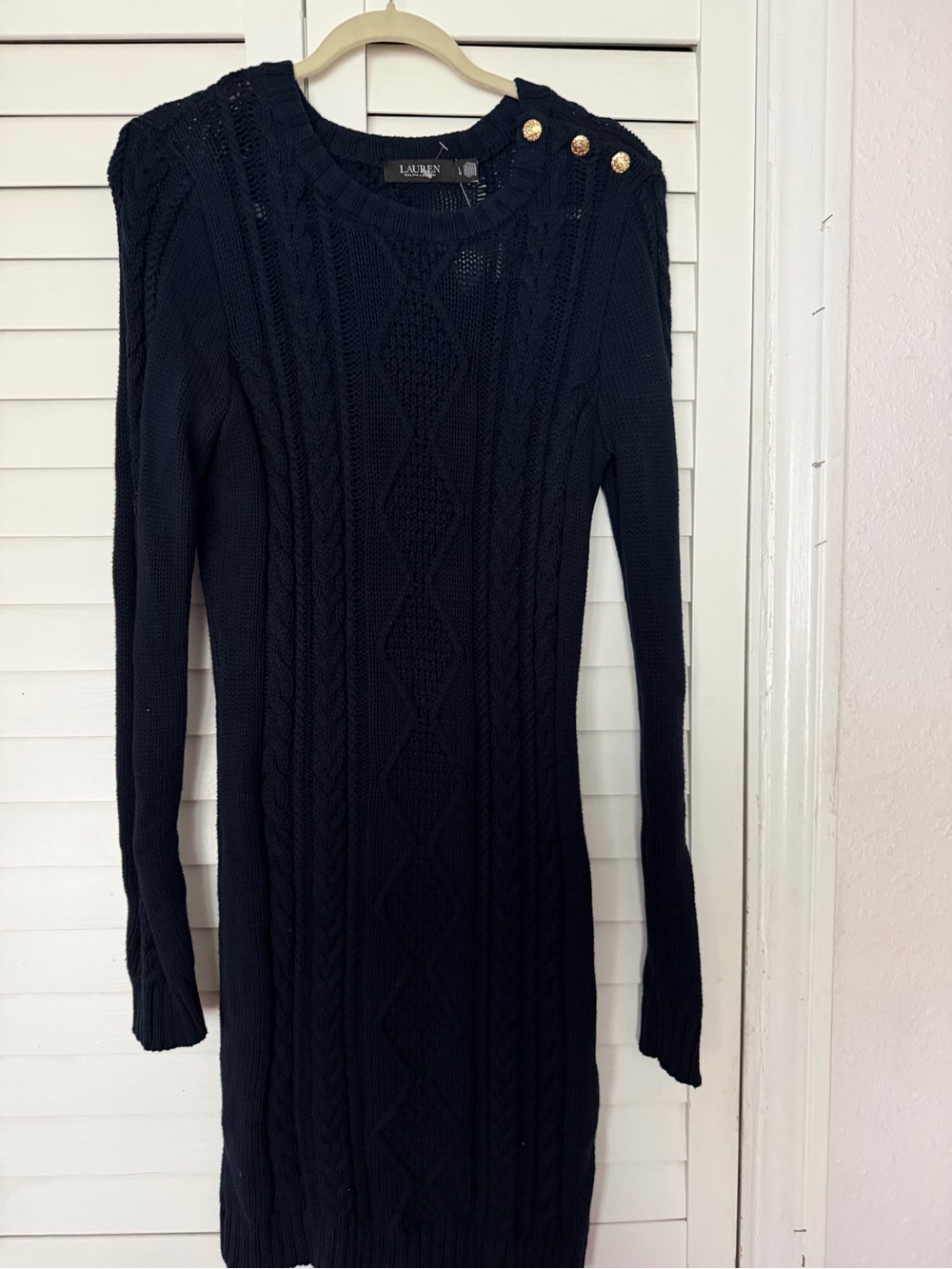 NWT Lauren Ralph Lauren Navy Cable Knit Crewneck Sweater Dress with Gold Buttons - Picture 5 of 7